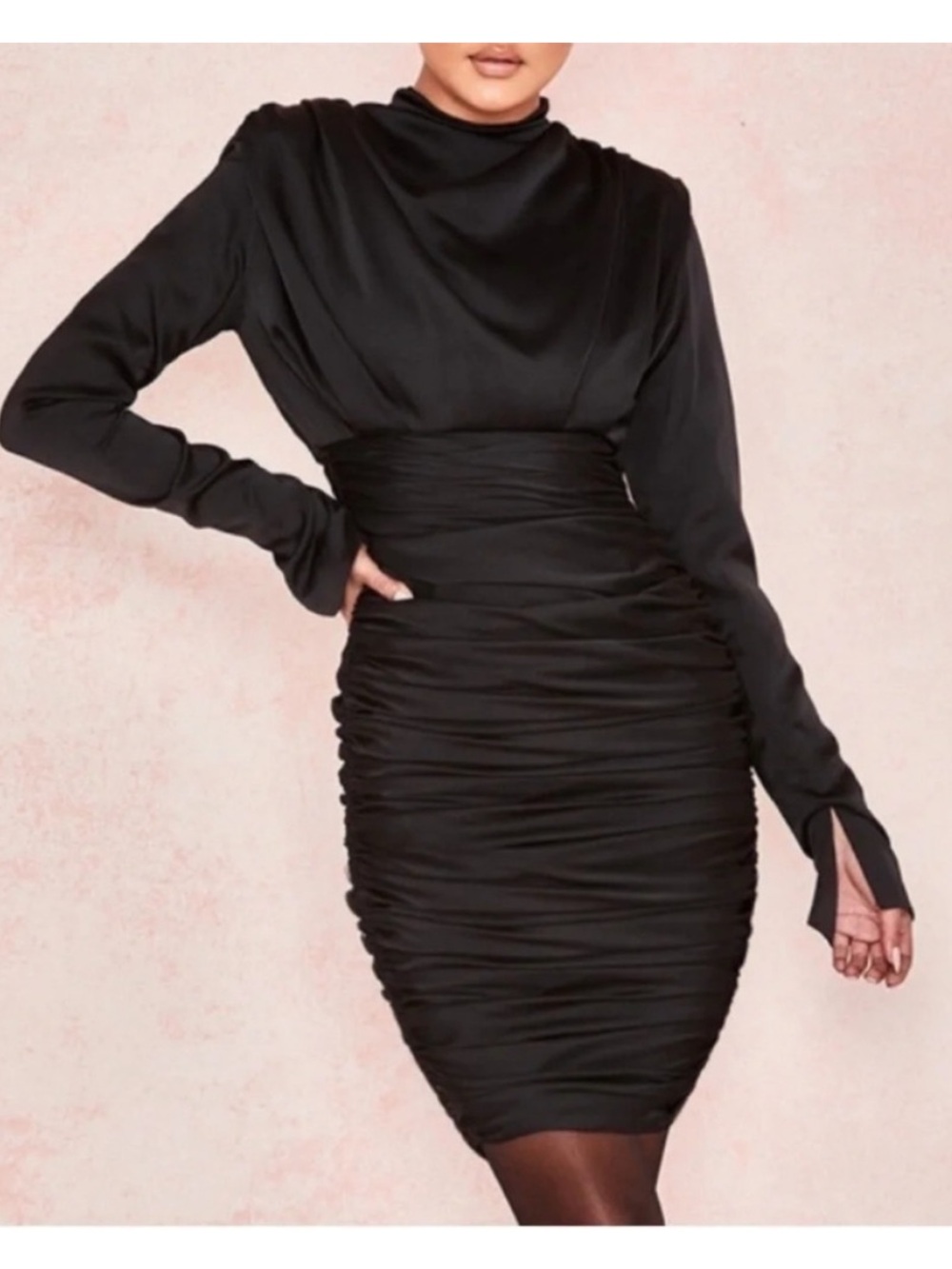 House of CB Giorgiana Satin Ruched Long Sleeve Mini Dress Black NWT